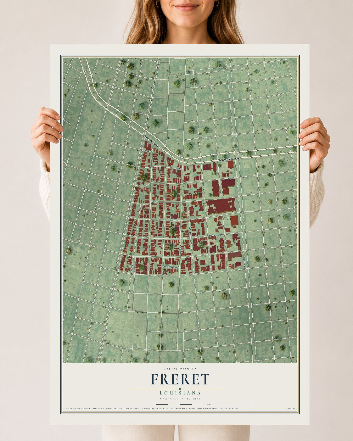 Map of Freret, Louisiana, 24 x 36 inch unframed archival matte print