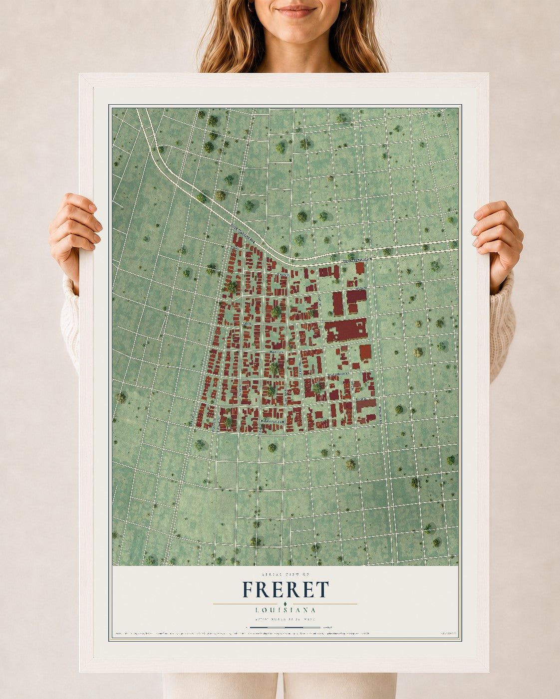 Map of Freret, Louisiana, 24 x 36 inch print in a white wood frame