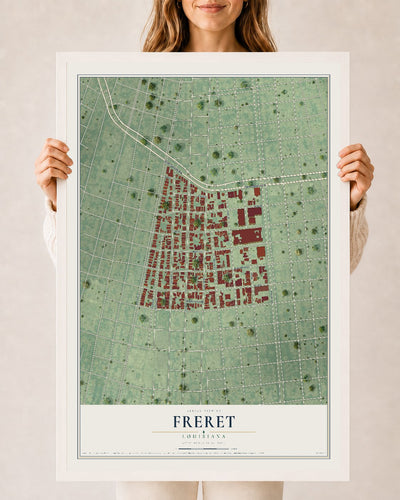 Map of Freret, Louisiana, 24 x 36 inch print in a white wood frame