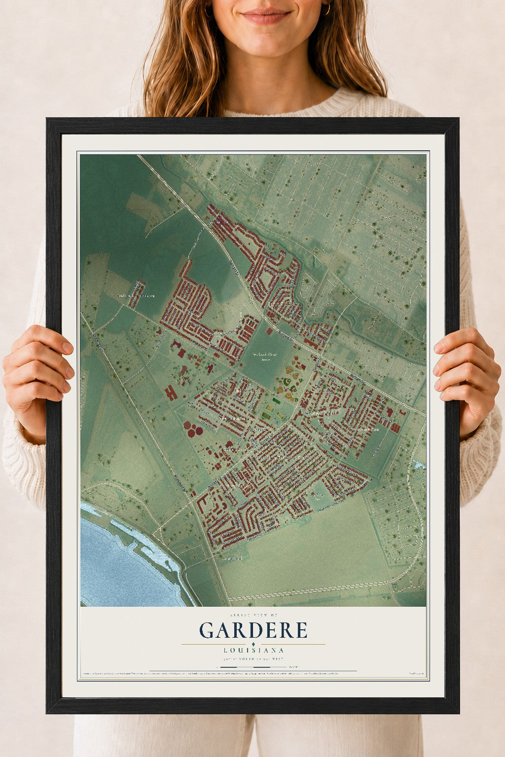 Map of Gardere, Louisiana, 18 x 24 inch print in a black wood frame