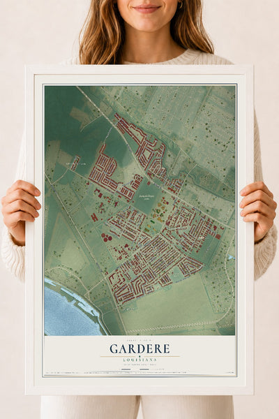 Map of Gardere, Louisiana, 18 x 24 inch print in a white wood frame