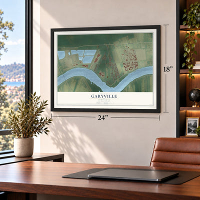 Garyville, Louisiana map, 18 x 24 inch print in a black frame in a home office