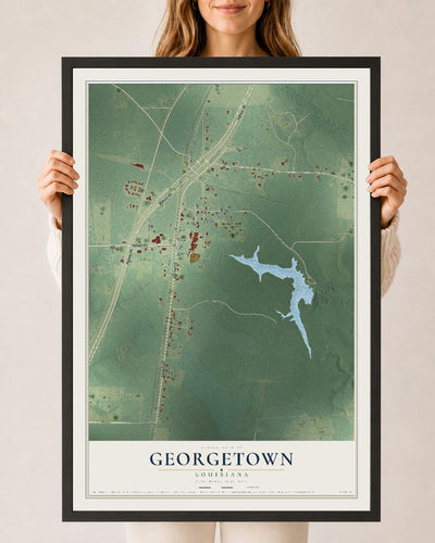 Map of Georgetown, Louisiana, 24 x 36 inch print in a black wood frame