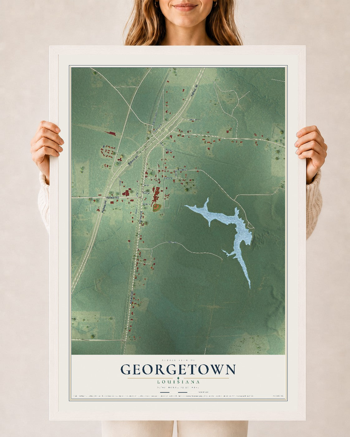 Map of Georgetown, Louisiana, 24 x 36 inch print in a white wood frame
