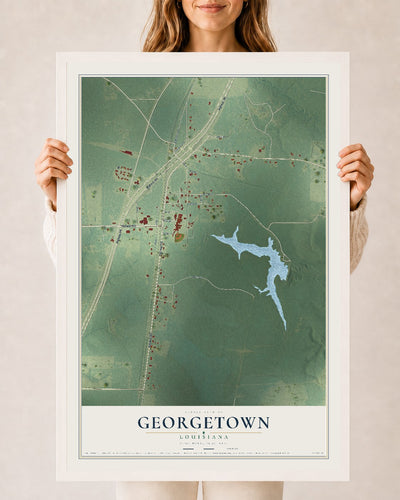 Map of Georgetown, Louisiana, 24 x 36 inch print in a white wood frame