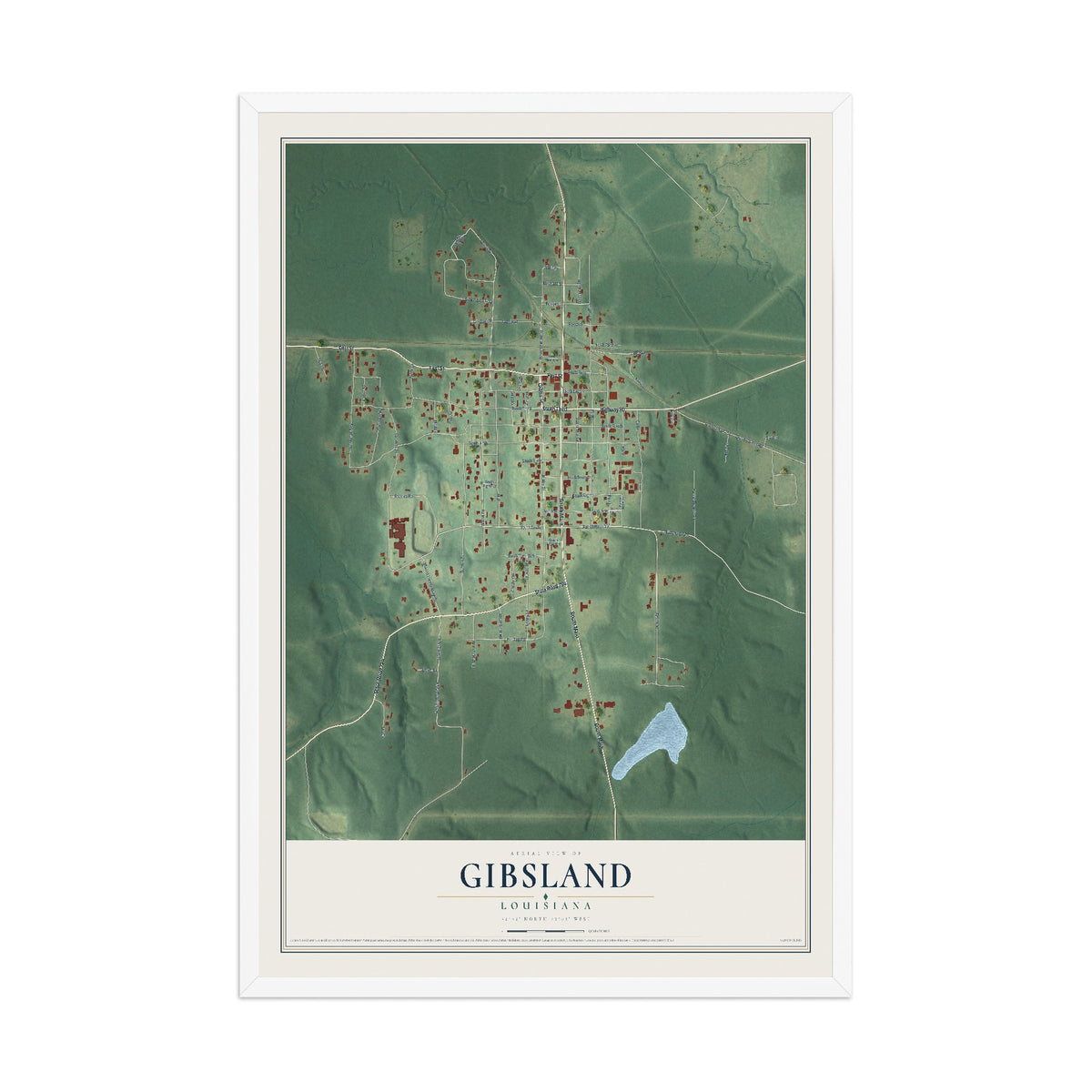 Map of Gibsland, Louisiana, 12 x 18 inch print in a white wood frame