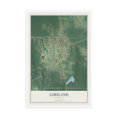 Map of Gibsland, Louisiana, 12 x 18 inch print in a white wood frame