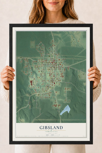 Map of Gibsland, Louisiana, 18 x 24 inch print in a black wood frame