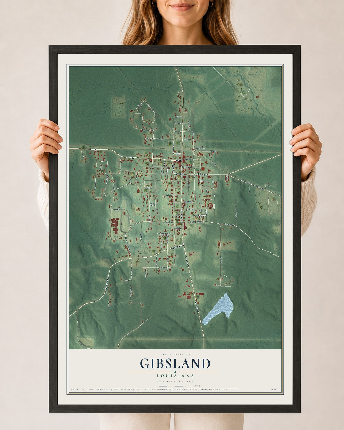 Map of Gibsland, Louisiana, 24 x 36 inch print in a black wood frame