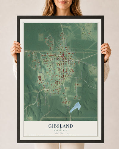 Map of Gibsland, Louisiana, 24 x 36 inch print in a black wood frame
