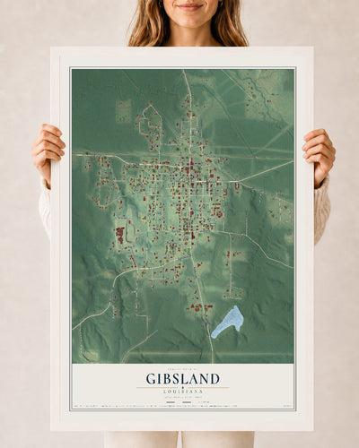 Map of Gibsland, Louisiana, 24 x 36 inch print in a white wood frame