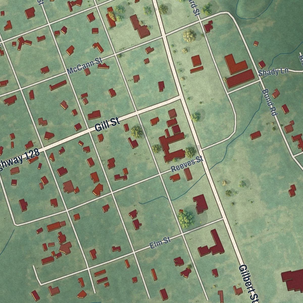 Close-up of the map of Gilbert, Louisiana print showing street and building detail