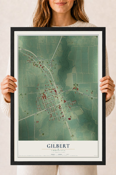 Map of Gilbert, Louisiana, 18 x 24 inch print in a black wood frame