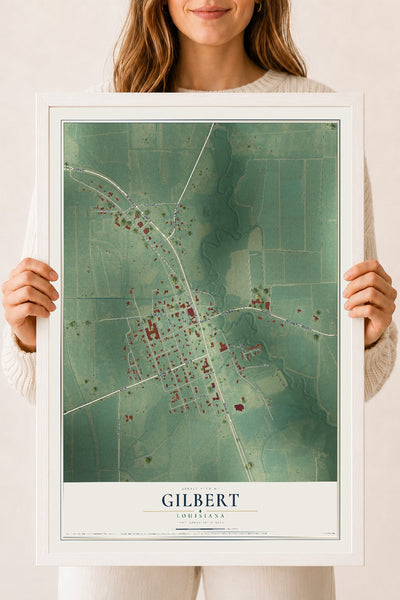 Map of Gilbert, Louisiana, 18 x 24 inch print in a white wood frame