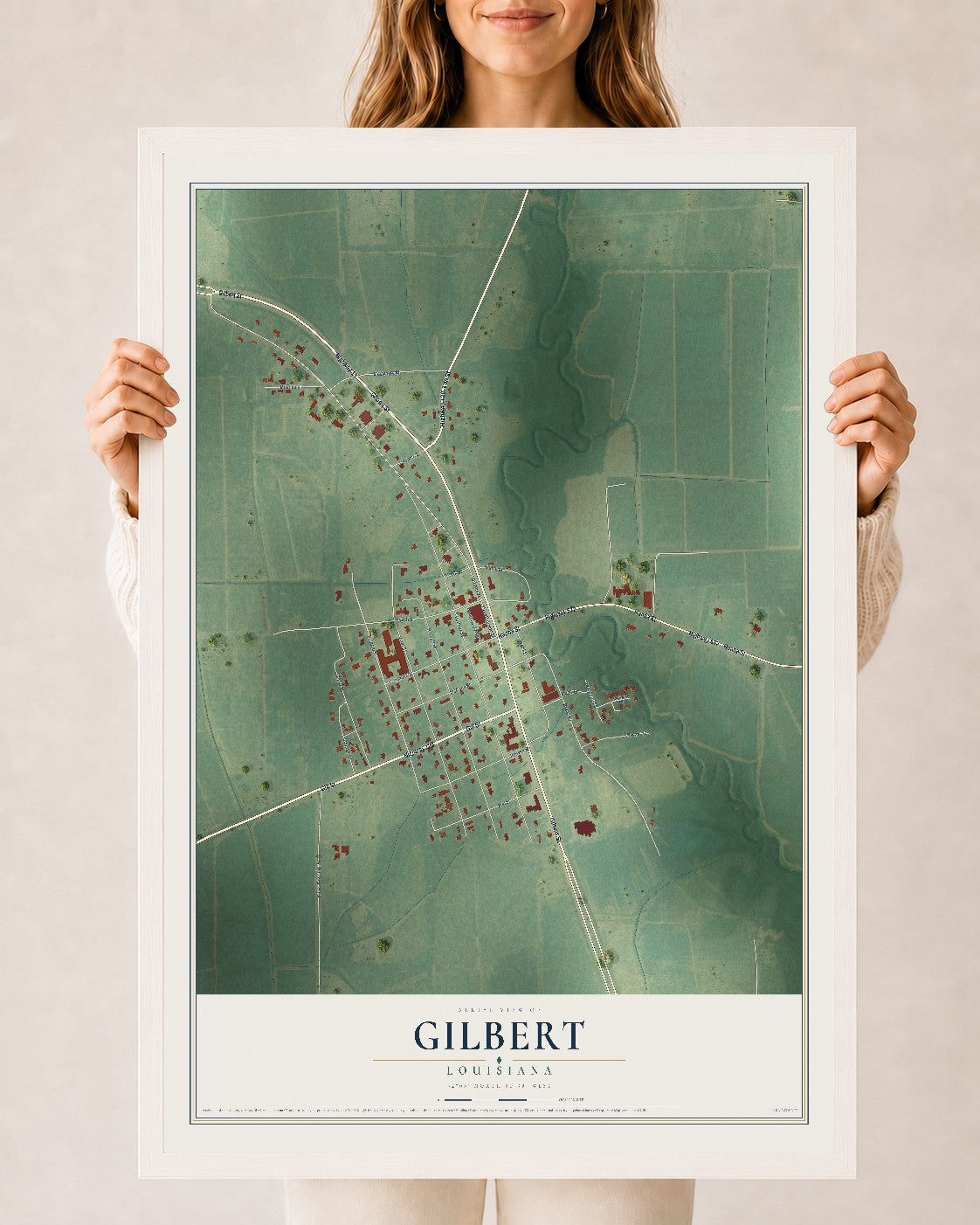 Map of Gilbert, Louisiana, 24 x 36 inch print in a white wood frame