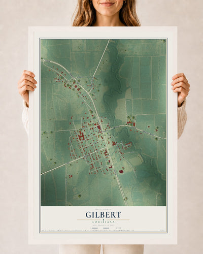 Map of Gilbert, Louisiana, 24 x 36 inch print in a white wood frame