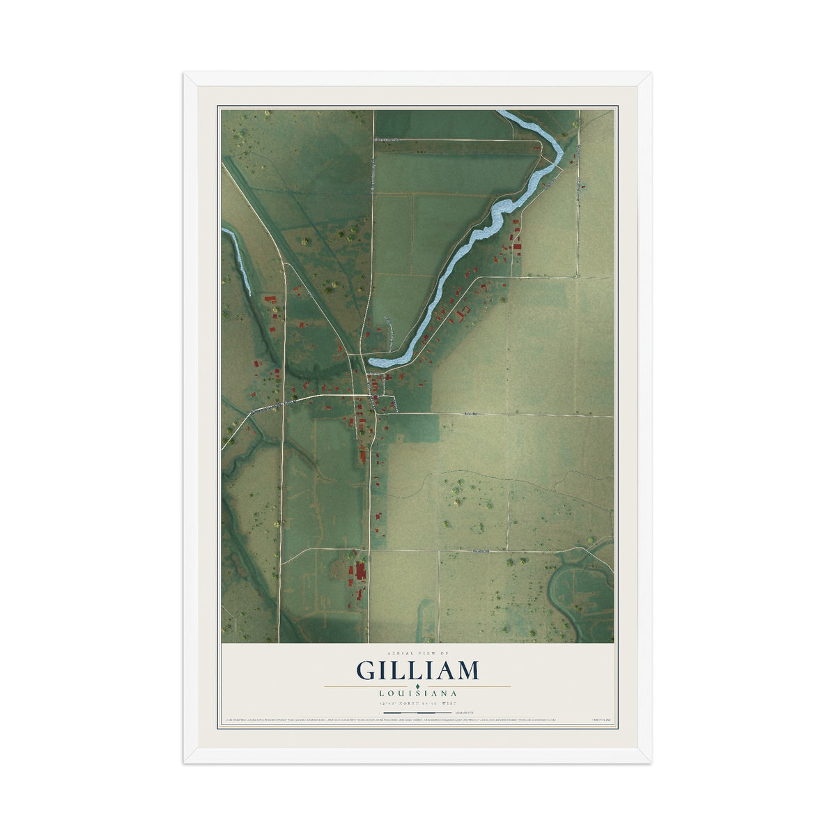 Map of Gilliam, Louisiana, 12 x 18 inch print in a white wood frame