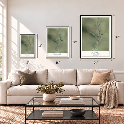 Glencoe, Louisiana map in 12 x 18, 18 x 24 and 24 x 36 inch sizes above a sofa