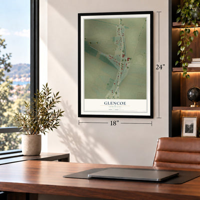 Glencoe, Louisiana map, 18 x 24 inch print in a black frame in a home office