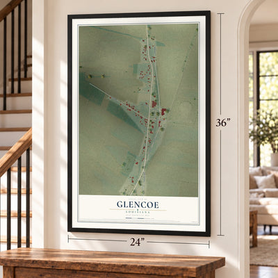 Glencoe, Louisiana map, 24 x 36 inch print in a black frame by a staircase