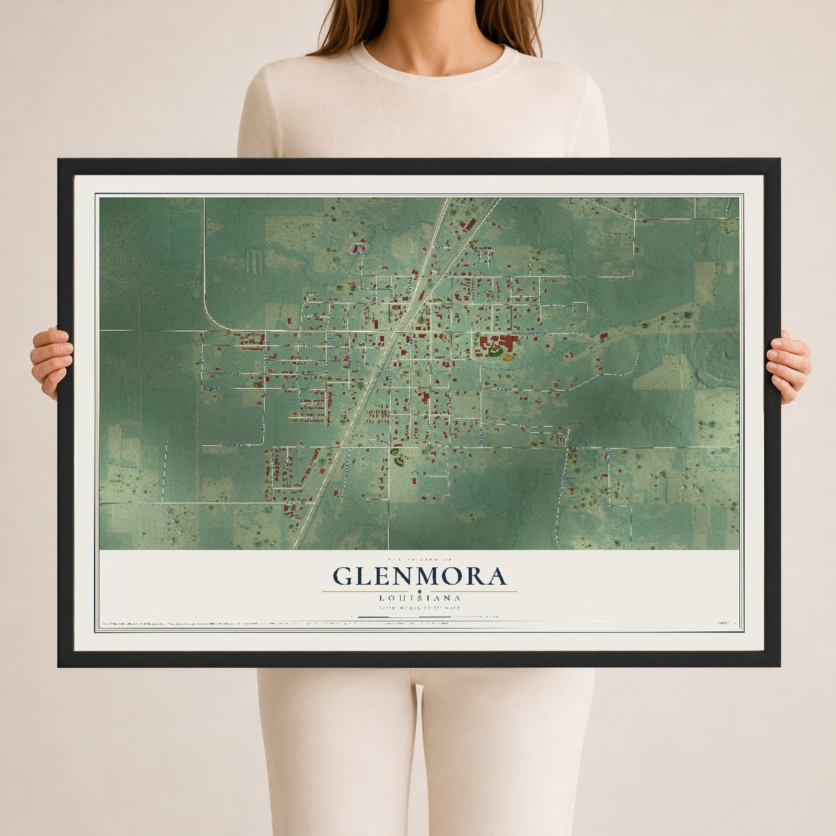 Map of Glenmora, Louisiana, 24 x 36 inch print in a black wood frame