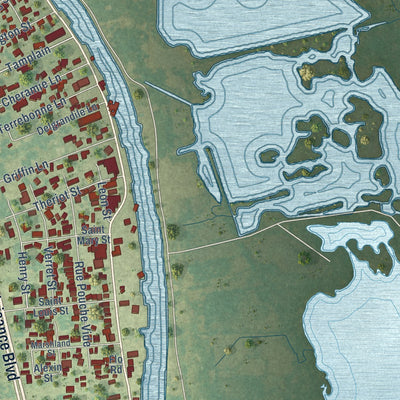 Close-up of the map of Golden Meadow, Louisiana print showing street and building detail