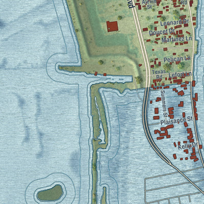 Second close-up of the map of Golden Meadow, Louisiana print showing more streets and buildings