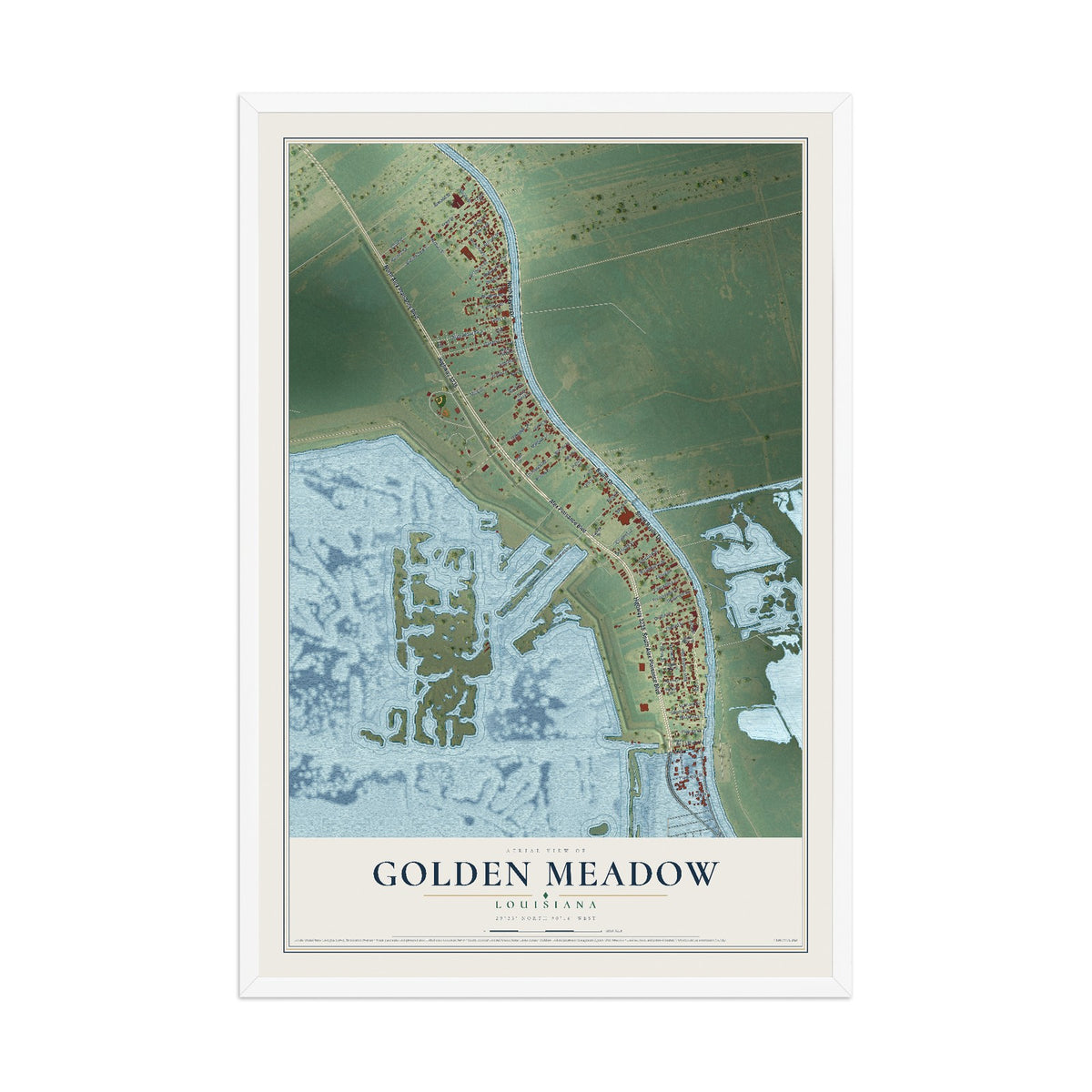 Map of Golden Meadow, Louisiana, 12 x 18 inch print in a white wood frame