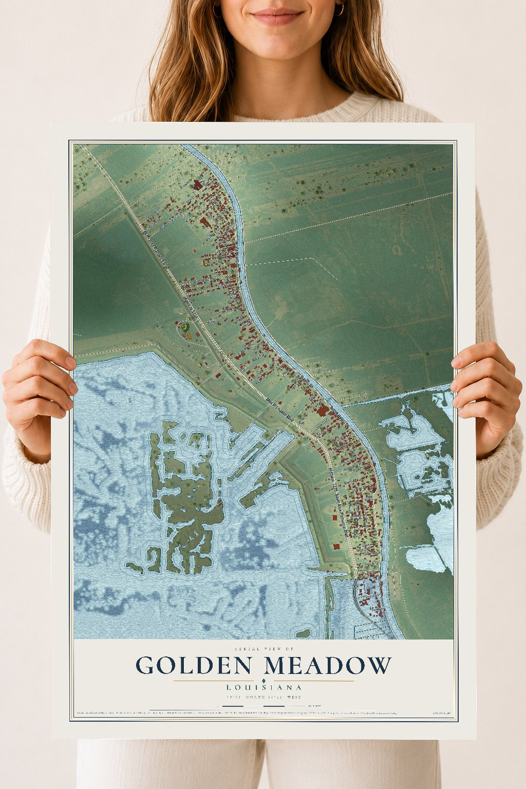 Map of Golden Meadow, Louisiana, 18 x 24 inch unframed archival matte print