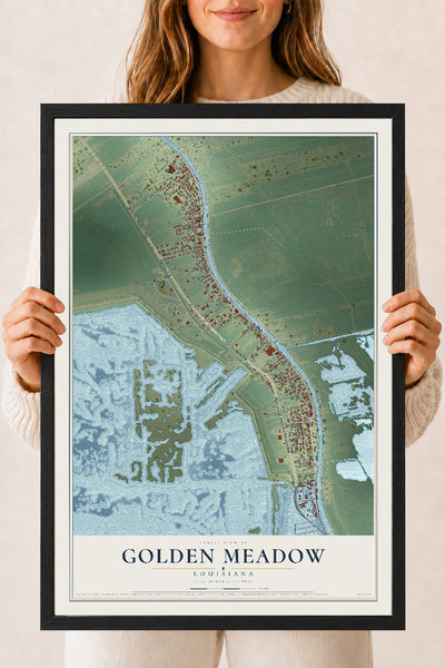 Map of Golden Meadow, Louisiana, 18 x 24 inch print in a black wood frame