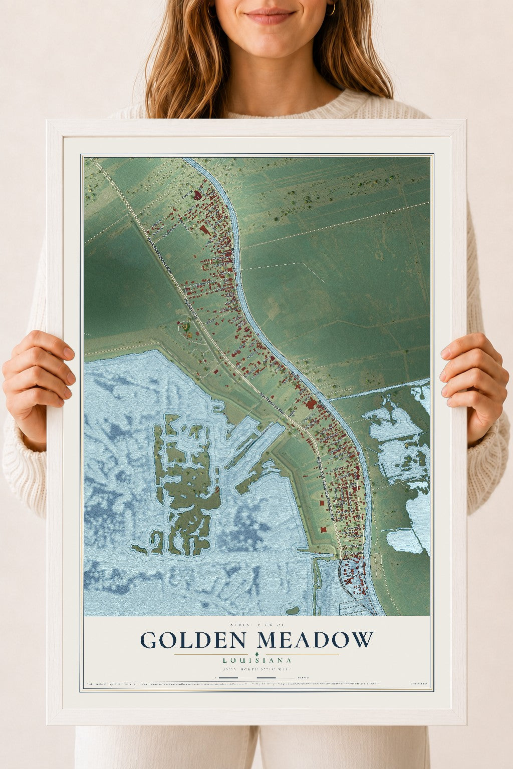 Map of Golden Meadow, Louisiana, 18 x 24 inch print in a white wood frame