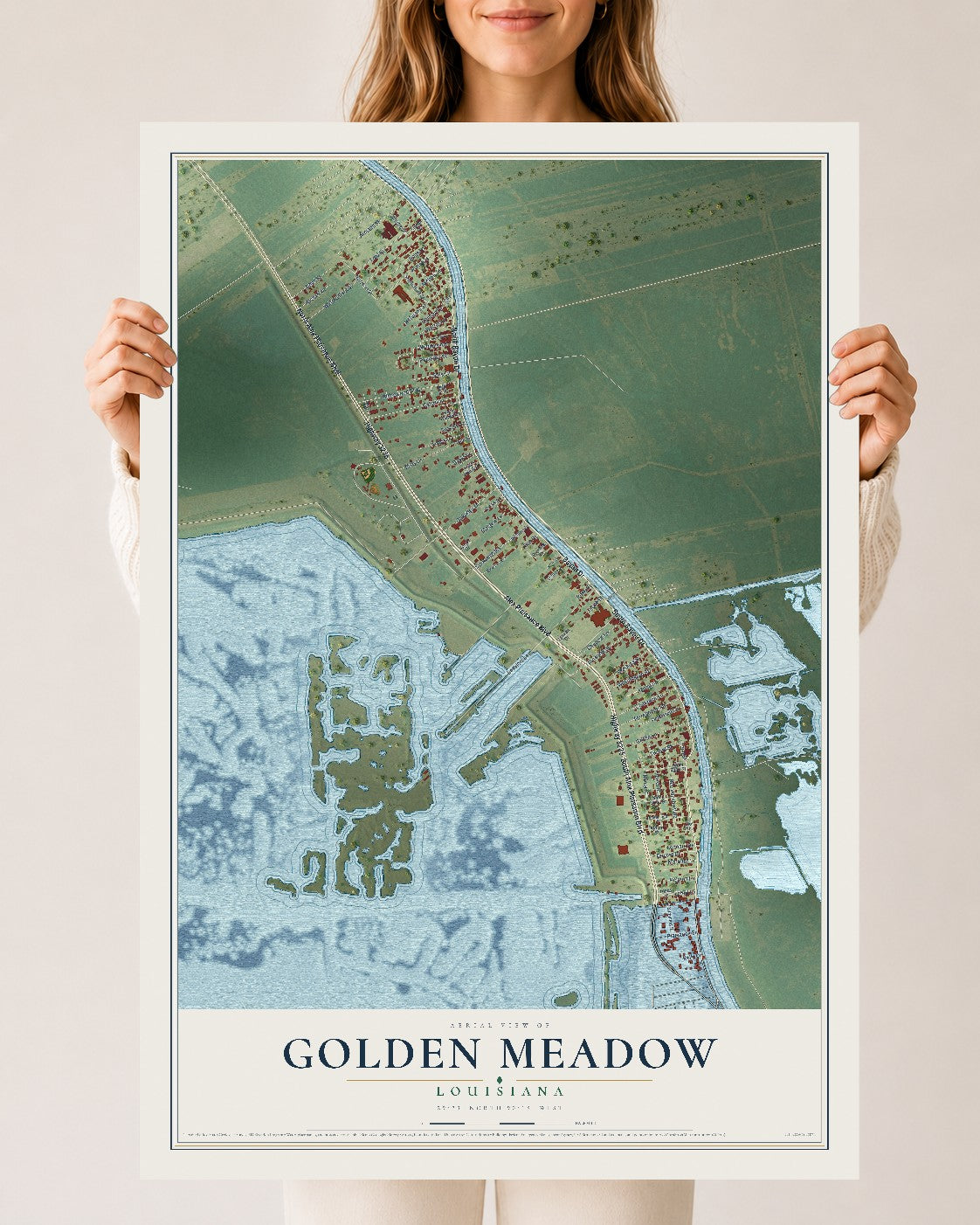 Map of Golden Meadow, Louisiana, 24 x 36 inch unframed archival matte print
