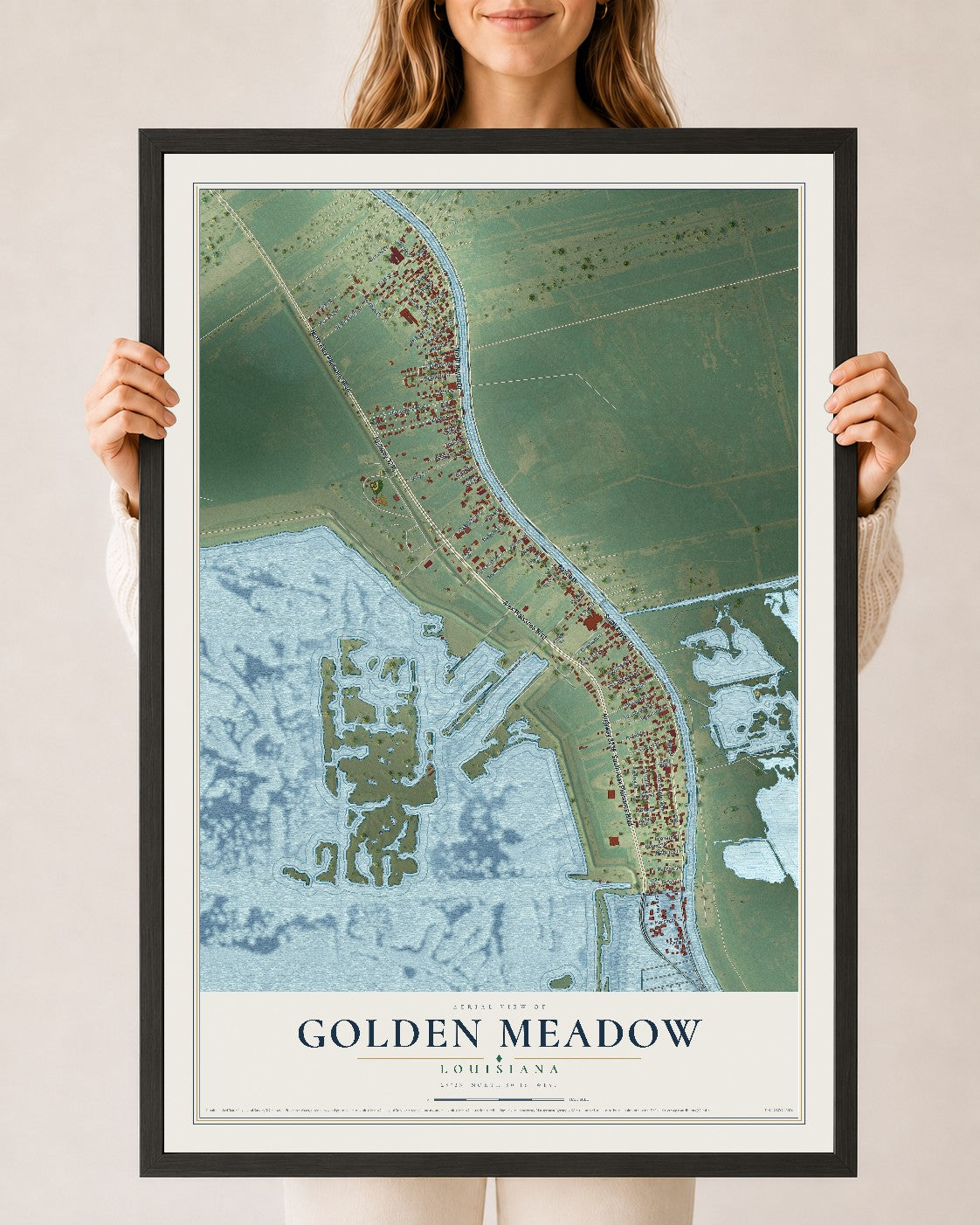 Map of Golden Meadow, Louisiana, 24 x 36 inch print in a black wood frame