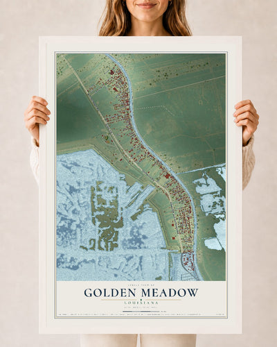 Map of Golden Meadow, Louisiana, 24 x 36 inch print in a white wood frame