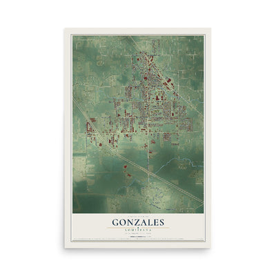 Map of Gonzales, Louisiana, 12 x 18 inch unframed archival matte print
