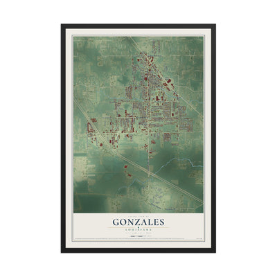 Map of Gonzales, Louisiana, 12 x 18 inch print in a black wood frame