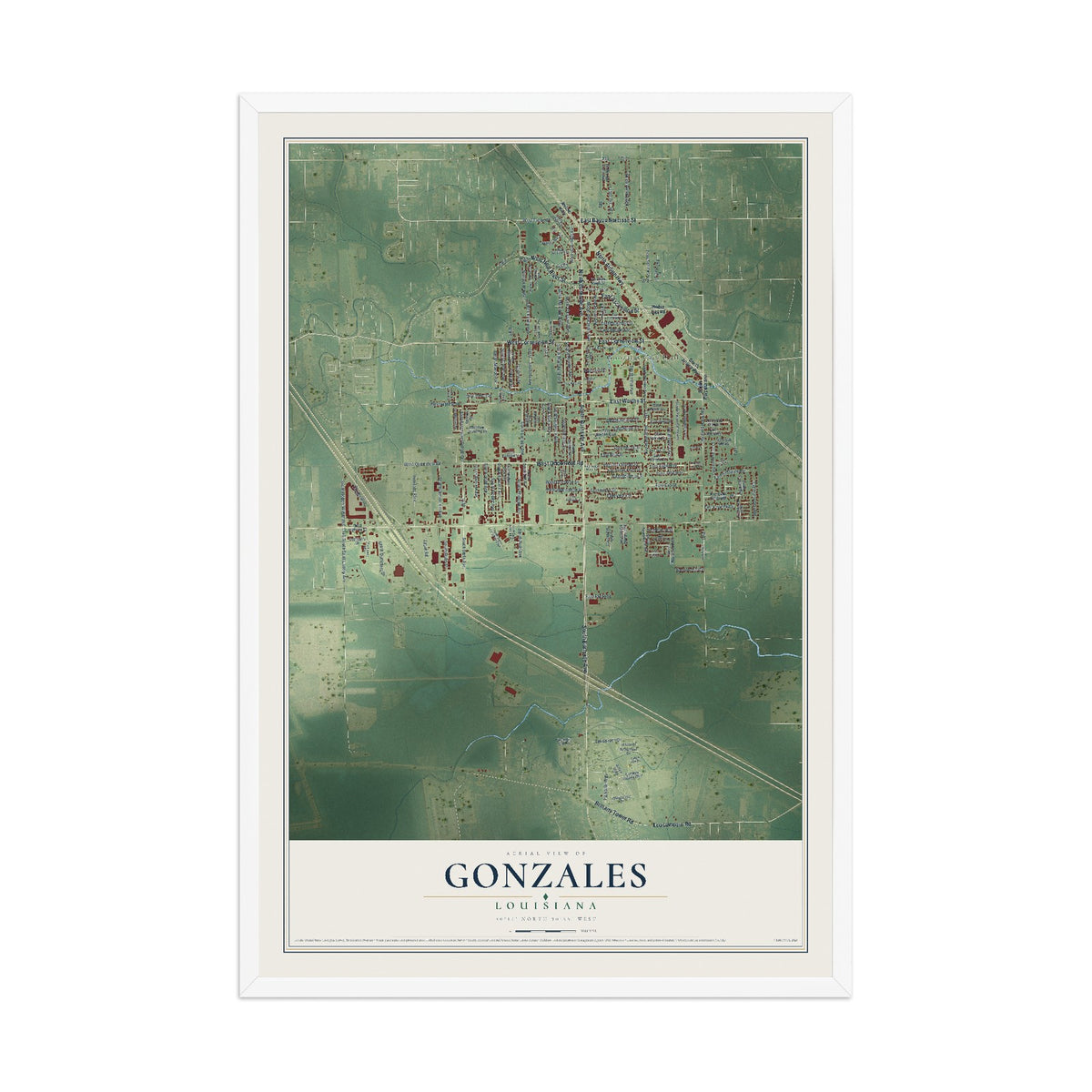Map of Gonzales, Louisiana, 12 x 18 inch print in a white wood frame