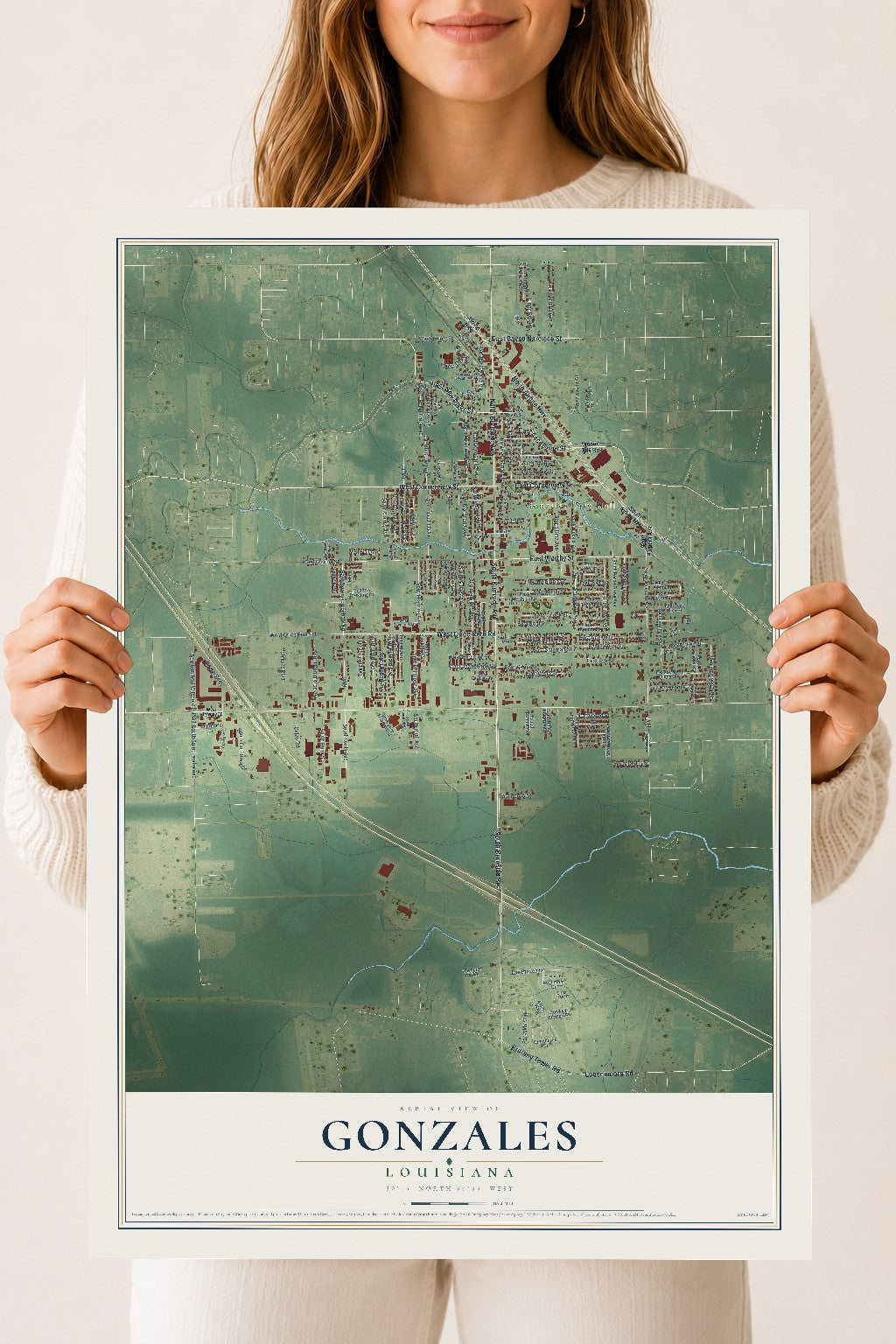 Map of Gonzales, Louisiana, 18 x 24 inch unframed archival matte print