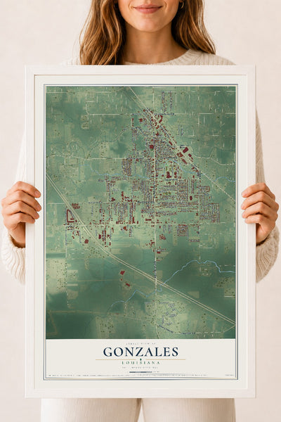 Map of Gonzales, Louisiana, 18 x 24 inch print in a white wood frame
