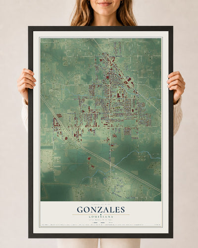 Map of Gonzales, Louisiana, 24 x 36 inch print in a black wood frame