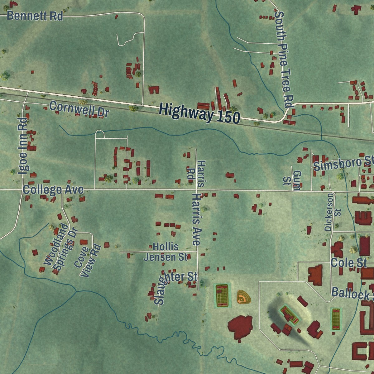 Close-up of the map of Grambling, Louisiana print showing street and building detail