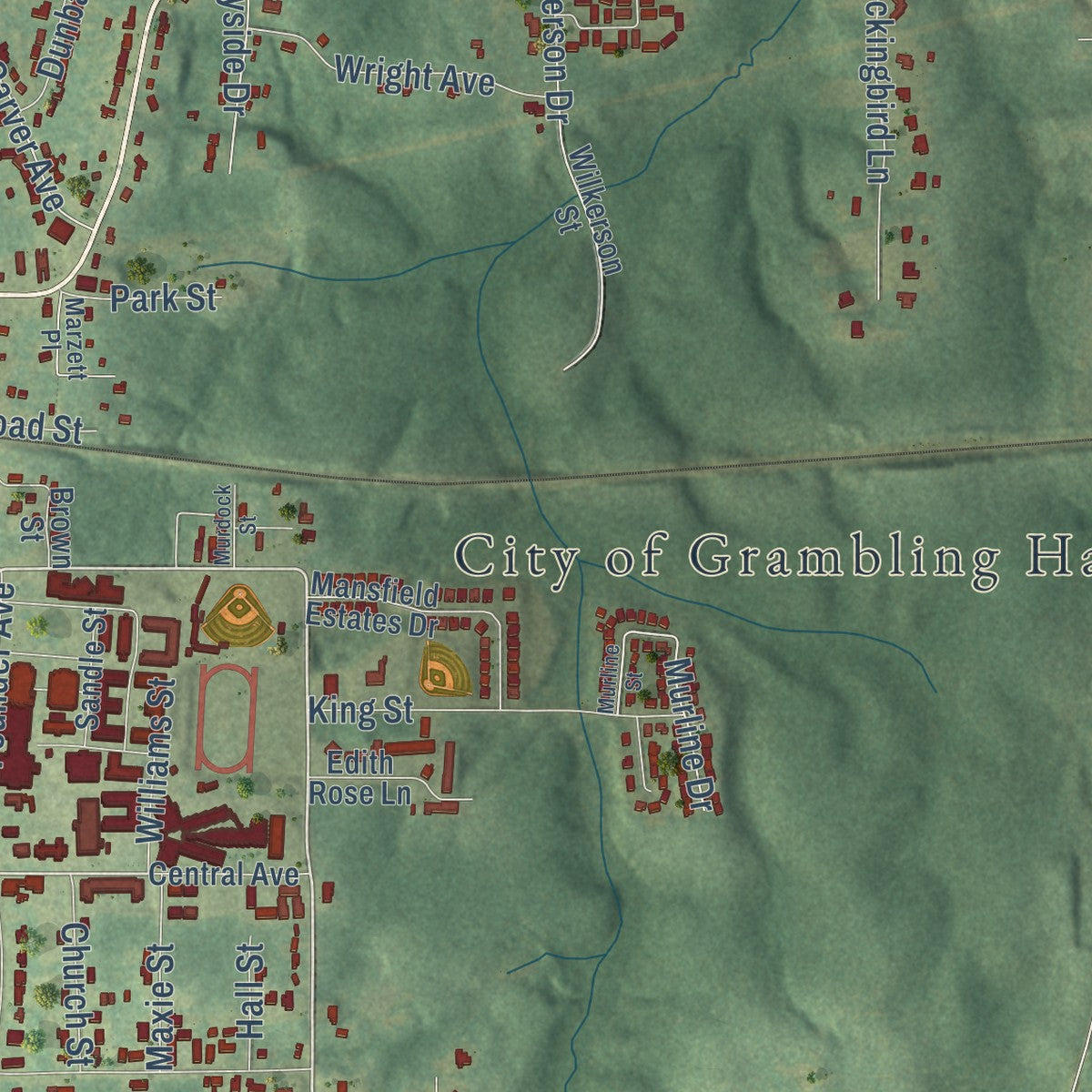 Second close-up of the map of Grambling, Louisiana print showing more streets and buildings