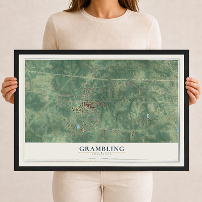 Map of Grambling, Louisiana, 12 x 18 inch print in a black wood frame