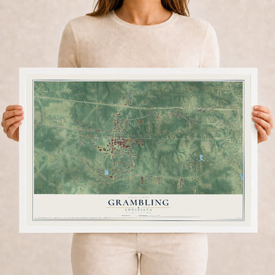Map of Grambling, Louisiana, 12 x 18 inch print in a white wood frame