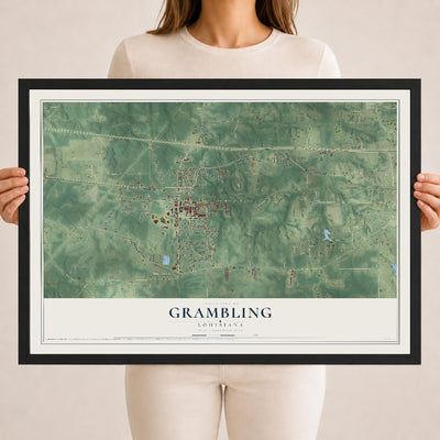 Map of Grambling, Louisiana, 18 x 24 inch print in a black wood frame