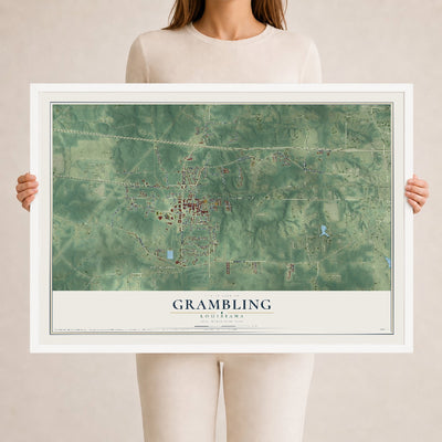 Map of Grambling, Louisiana, 24 x 36 inch print in a white wood frame