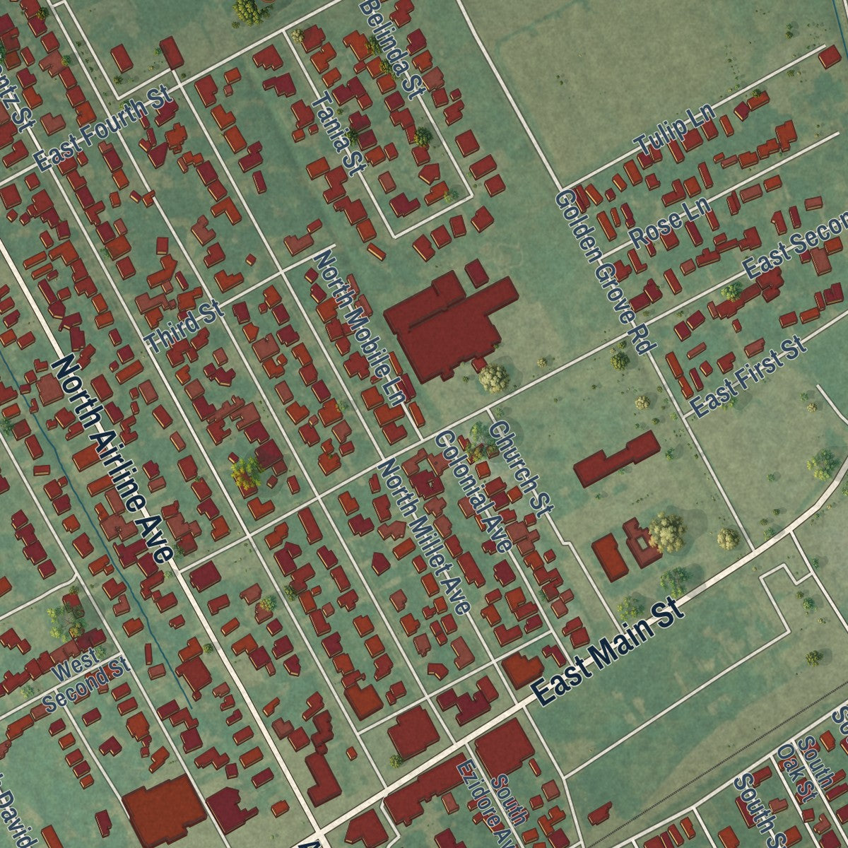 Close-up of the map of Gramercy, Louisiana print showing street and building detail