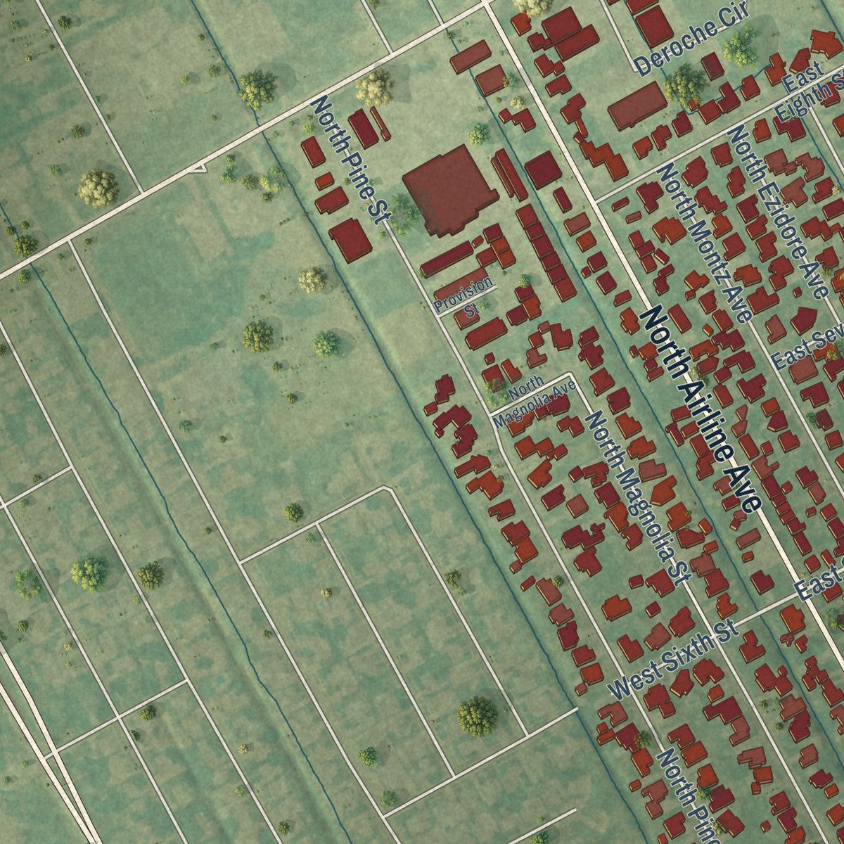 Second close-up of the map of Gramercy, Louisiana print showing more streets and buildings