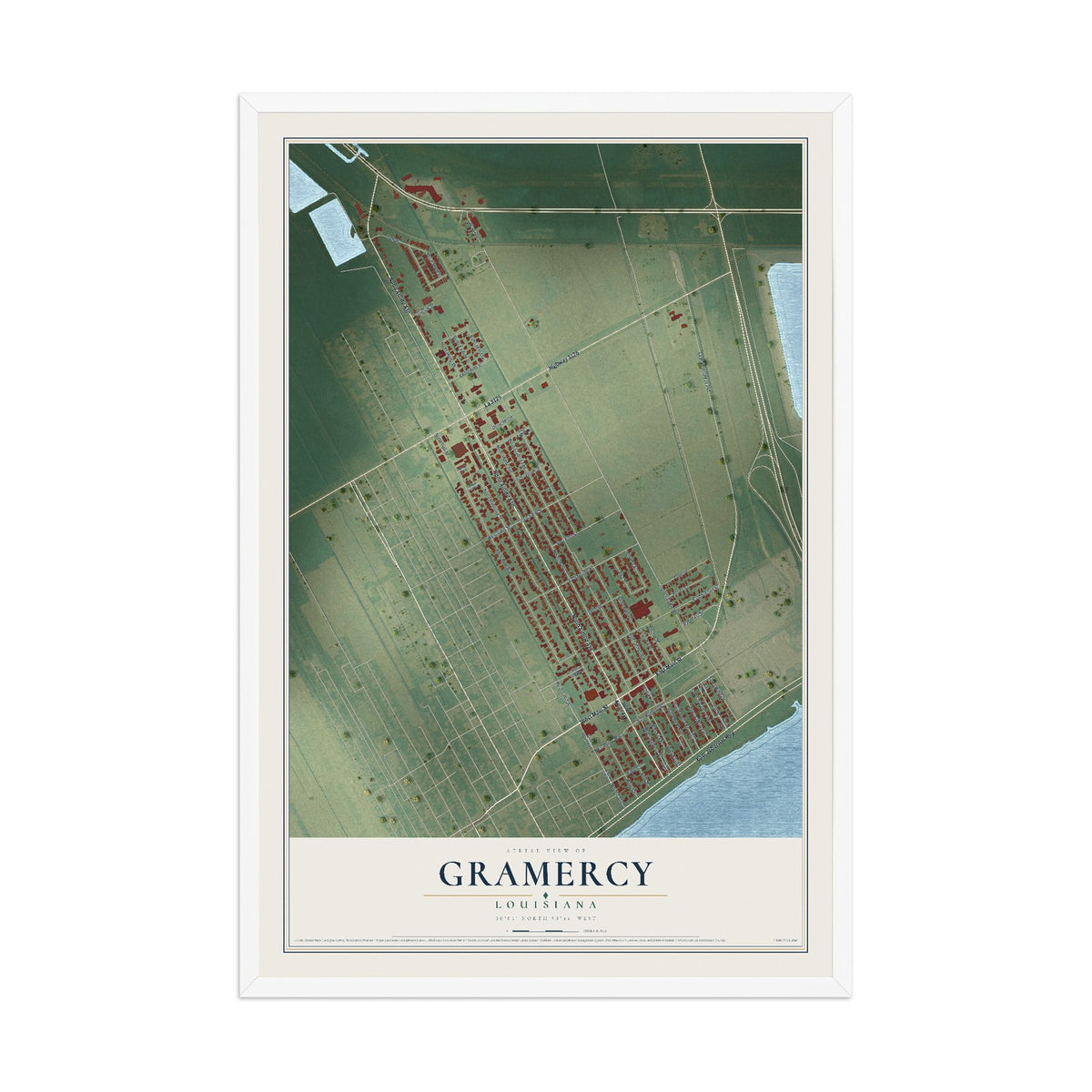 Map of Gramercy, Louisiana, 12 x 18 inch print in a white wood frame
