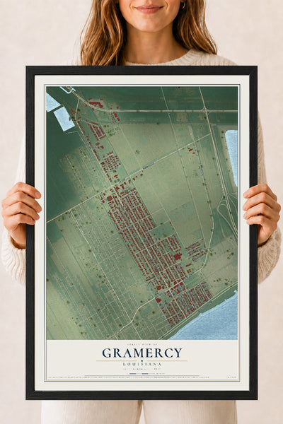 Map of Gramercy, Louisiana, 18 x 24 inch print in a black wood frame